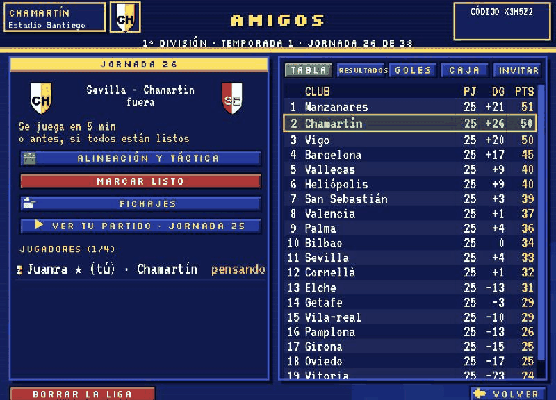 Pantalla de una liga online de Liga Píxel